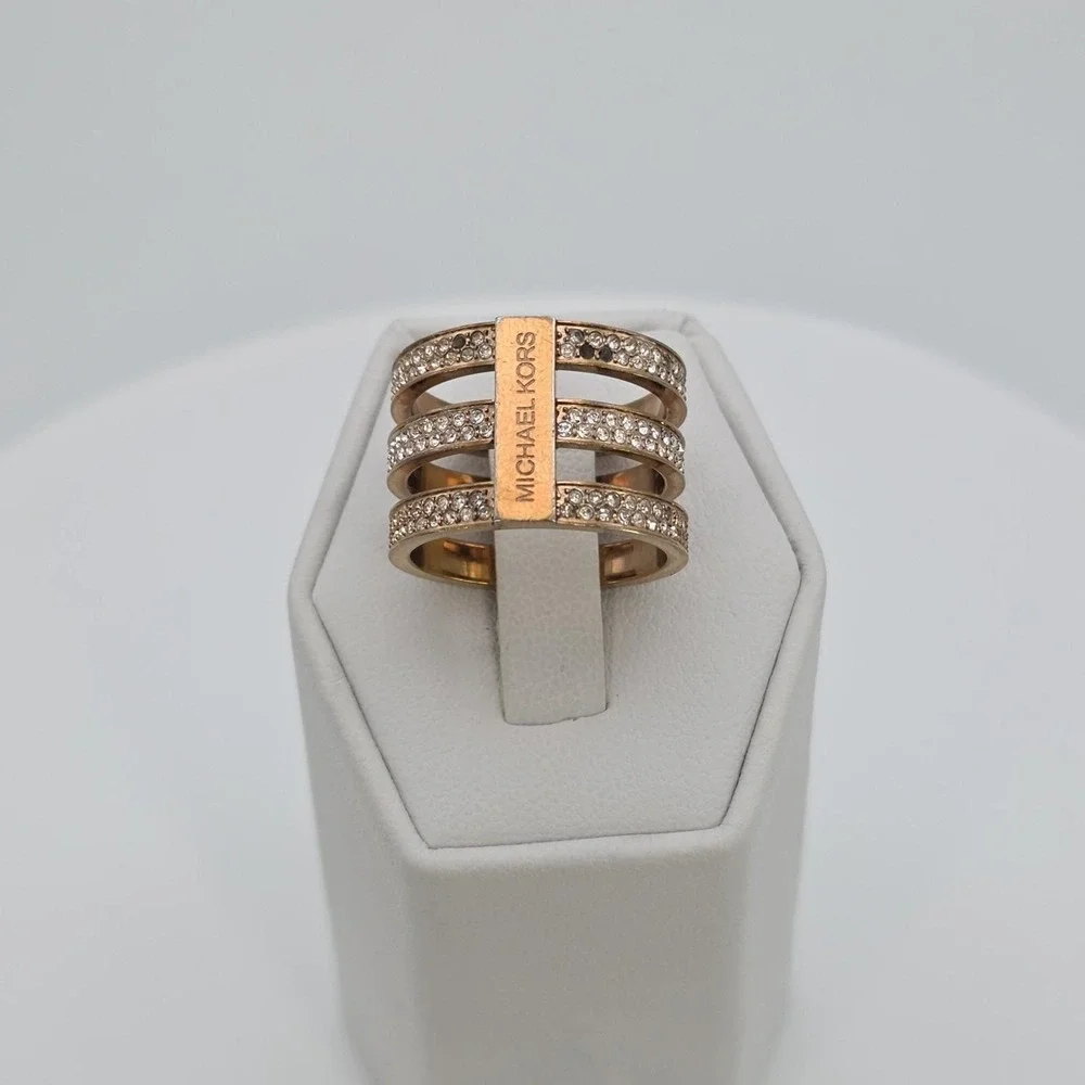 MICHAEL KORS Tri-Bar Ring Pavé Crystal Encrusted Rose Gold Tone Size 7 FREE $hip